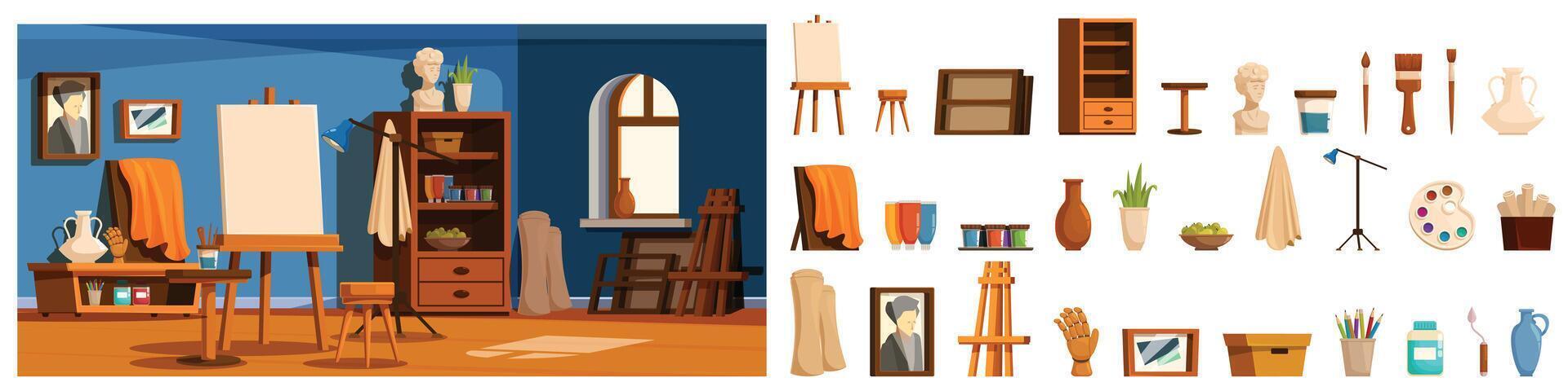 Art studio room interior icons set cartoon vector. Paint drawing furniture vector