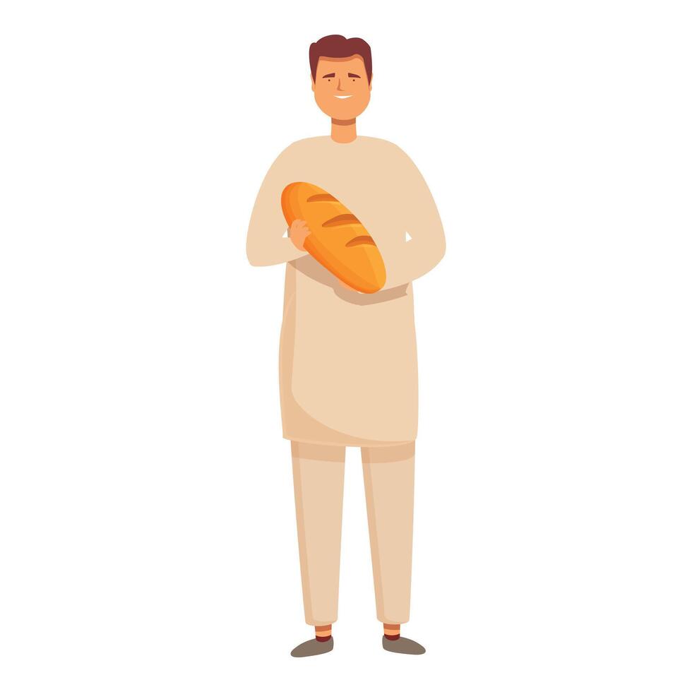 Man take hot bread icon cartoon vector. Bread production factory vector