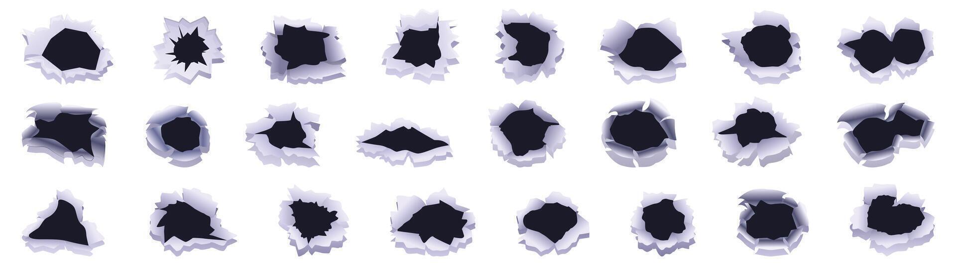 Rasgado agujero íconos conjunto dibujos animados vector. harapiento redondo vector