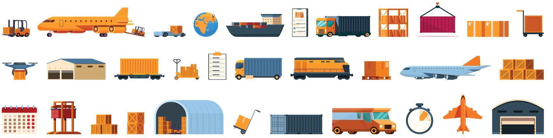 Airplane transport logistics icons set cartoon vector. Vehicle delivery cargo vector