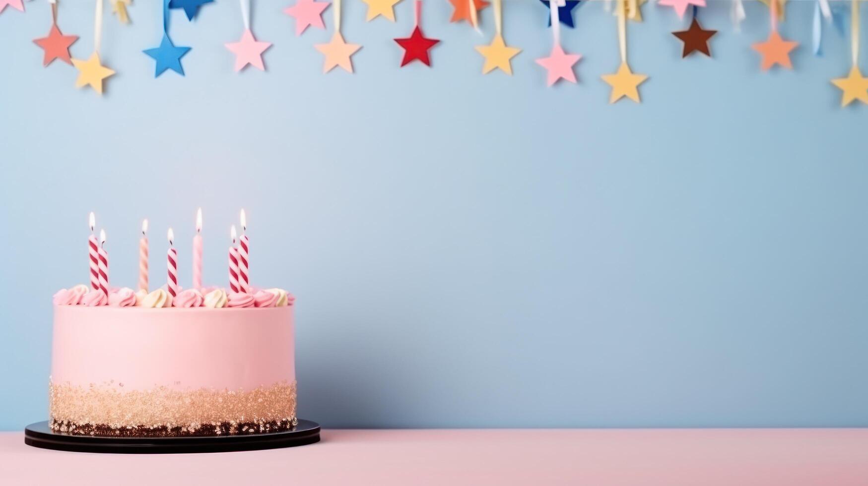 AI generated birthday holiday background, cakes with candles and copy space photo
