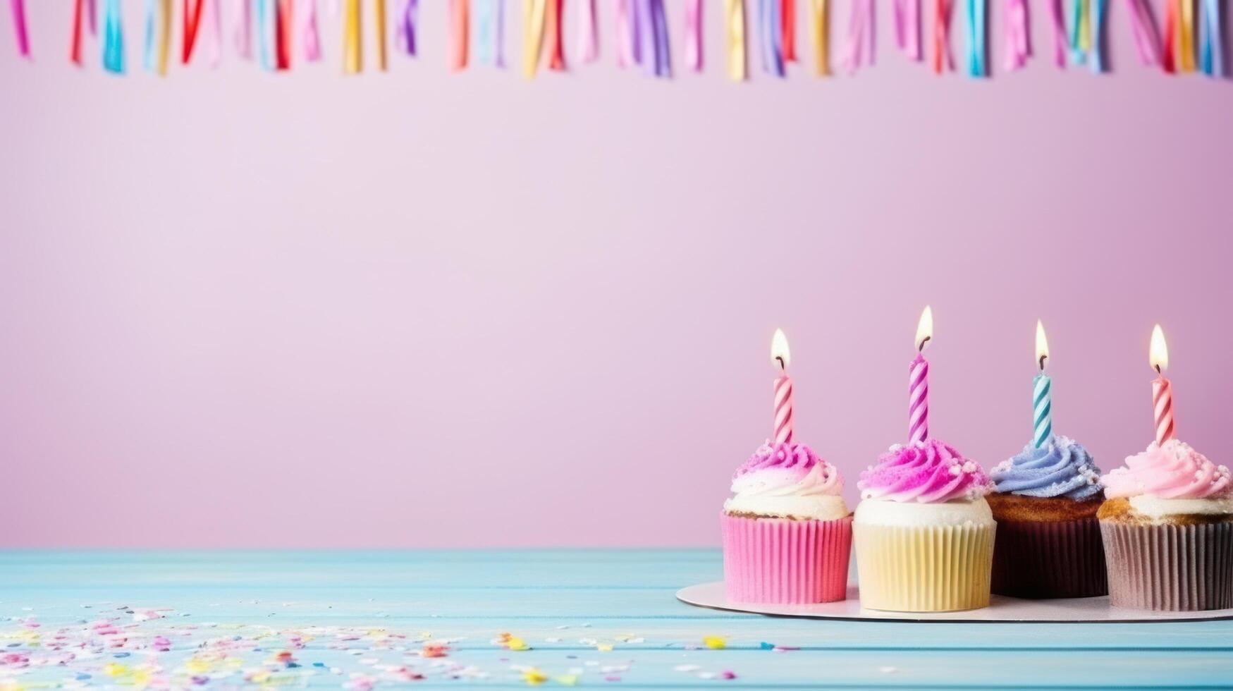 AI generated birthday holiday background, cakes with candles and copy space photo