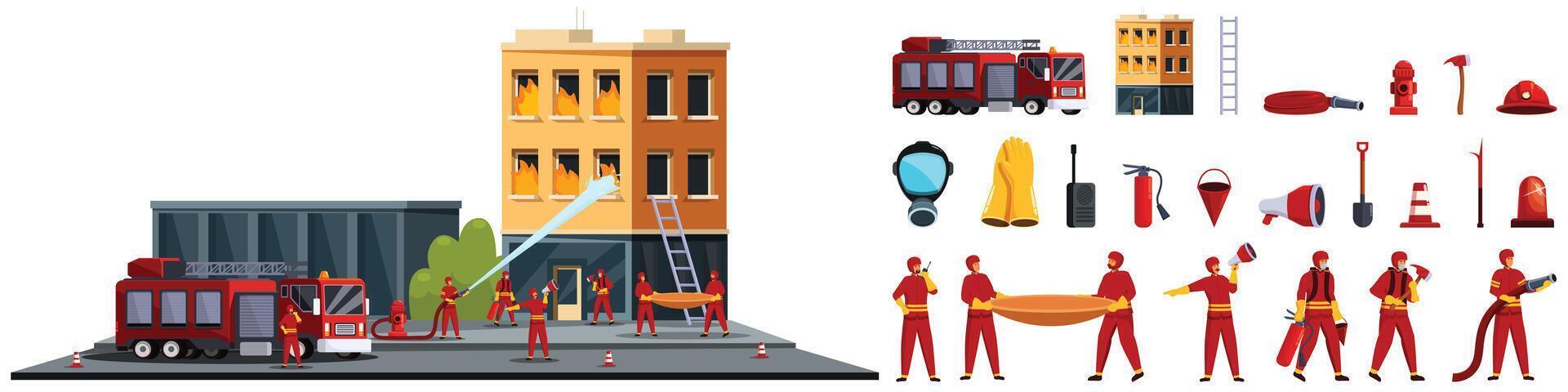 Fireman department work icons set cartoon vector. Young adult vector
