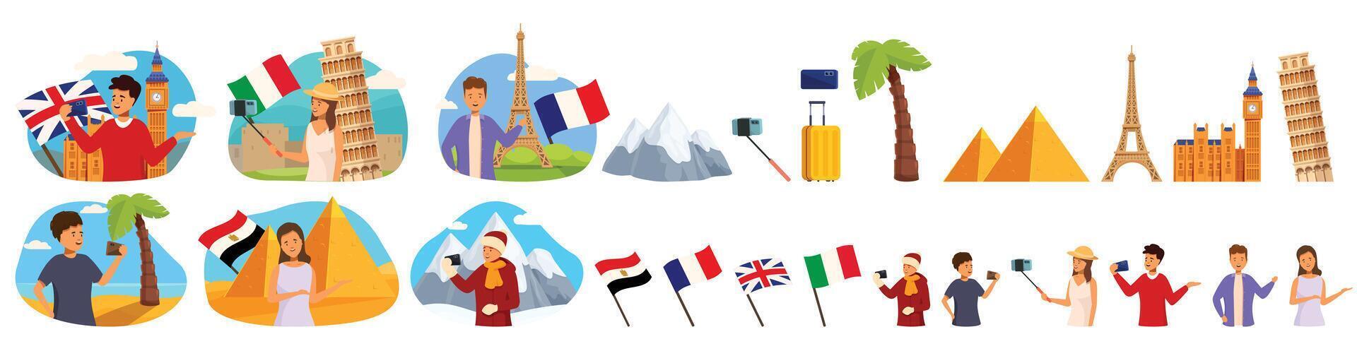 Travel blogger icons set cartoon vector. Phone video create vector