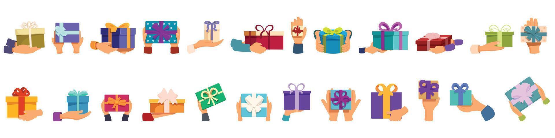 manos participación regalo caja íconos conjunto dibujos animados vector. Navidad presente vector