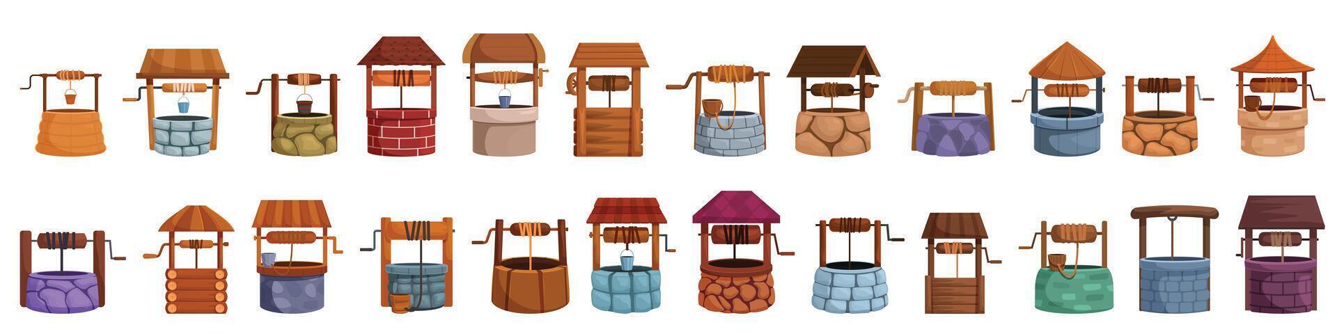 Old water well icons set cartoon vector. Wood rural stone vector