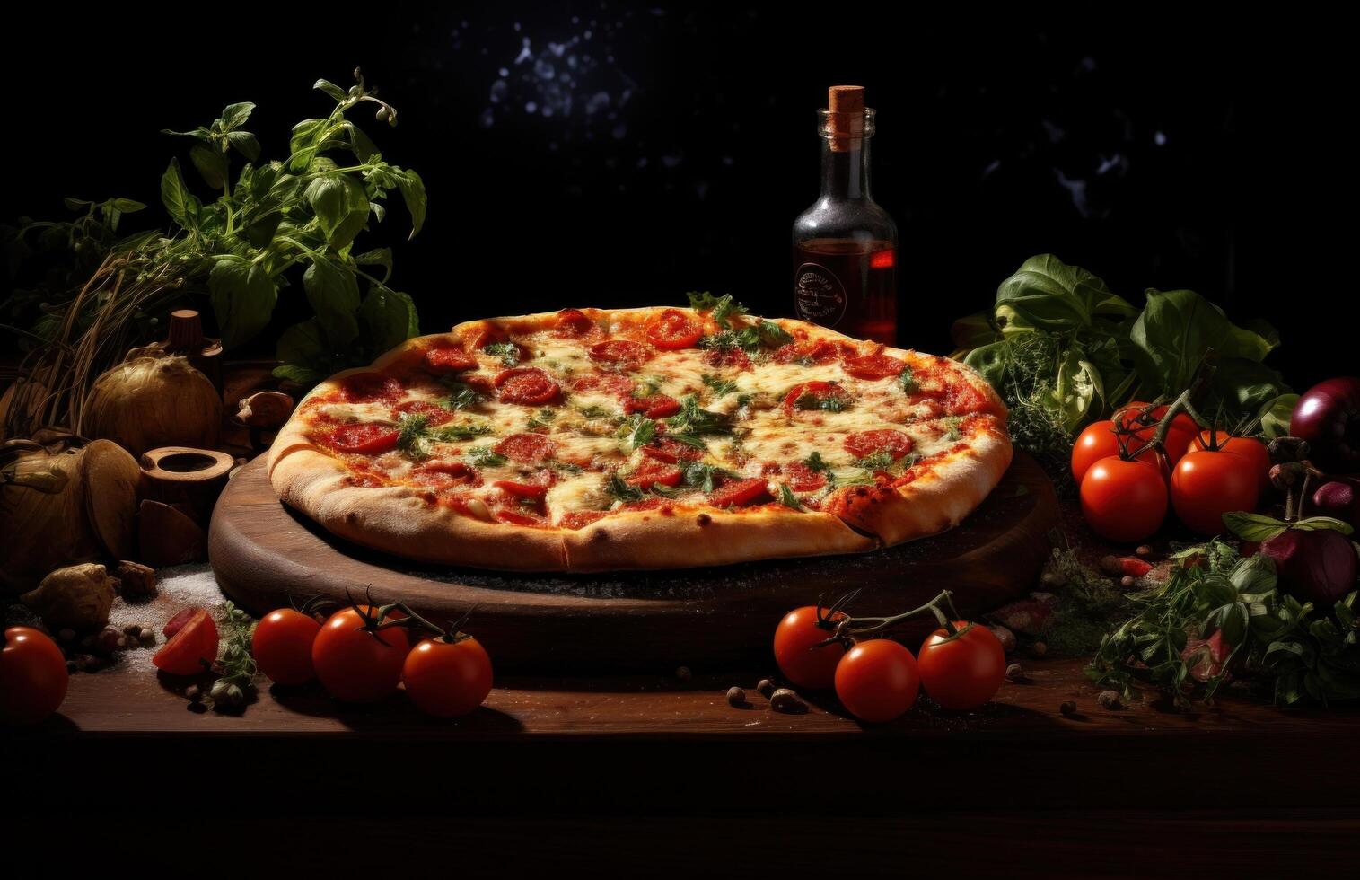 AI generated pizza with herbs photo