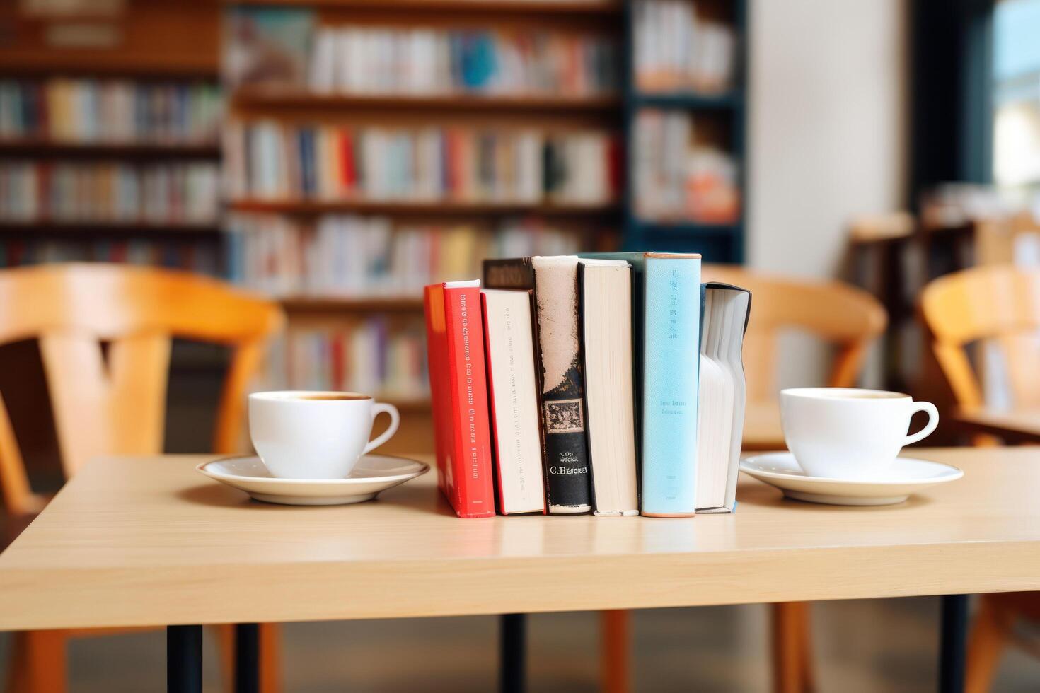 AI generated coffee cups and books in cafe photo