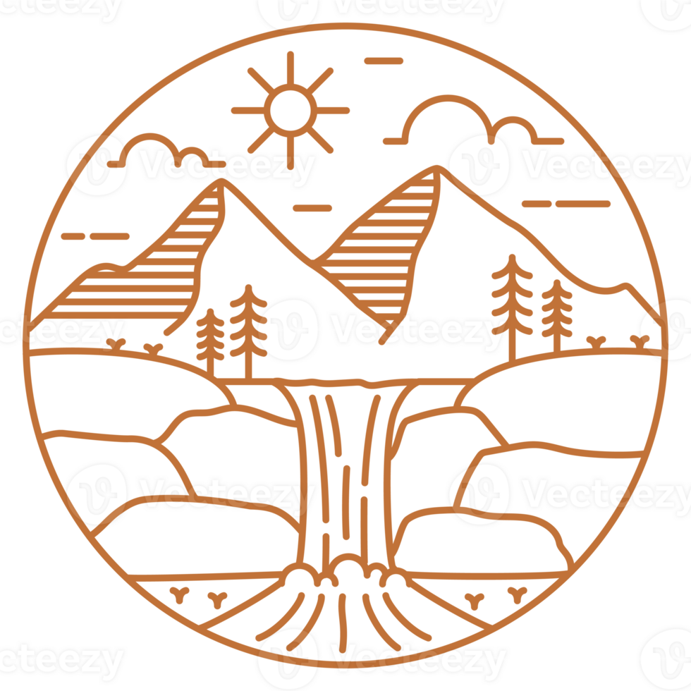 illustration of mountain and waterfall monoline or line art style png