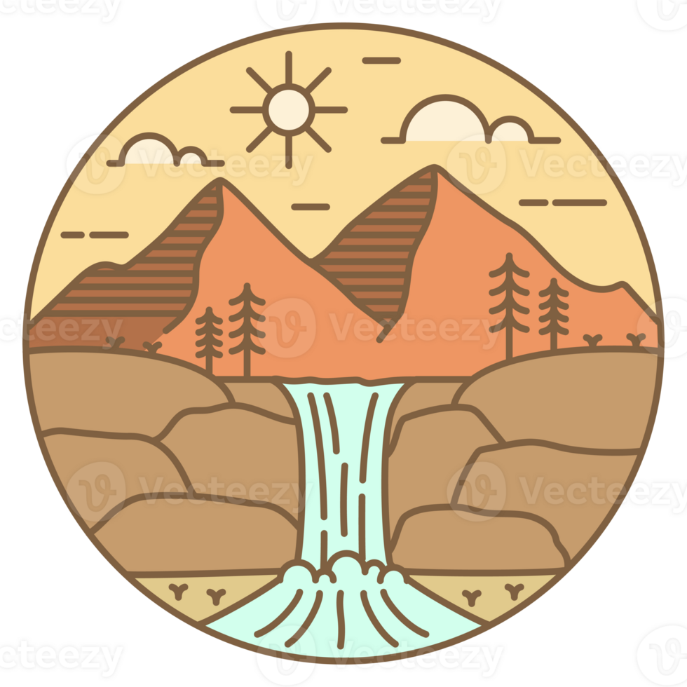 illustration of mountain and waterfall monoline or line art style png