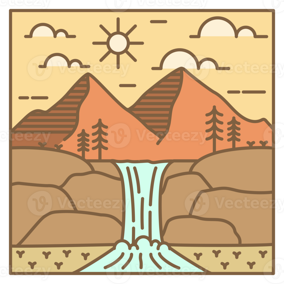 illustration of mountain and waterfall monoline or line art style png