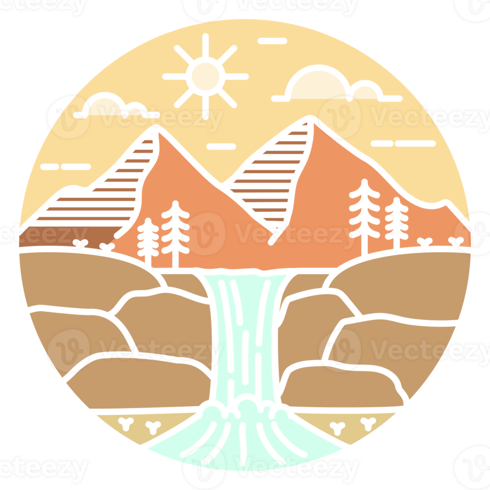 illustration of mountain and waterfall monoline or line art style png