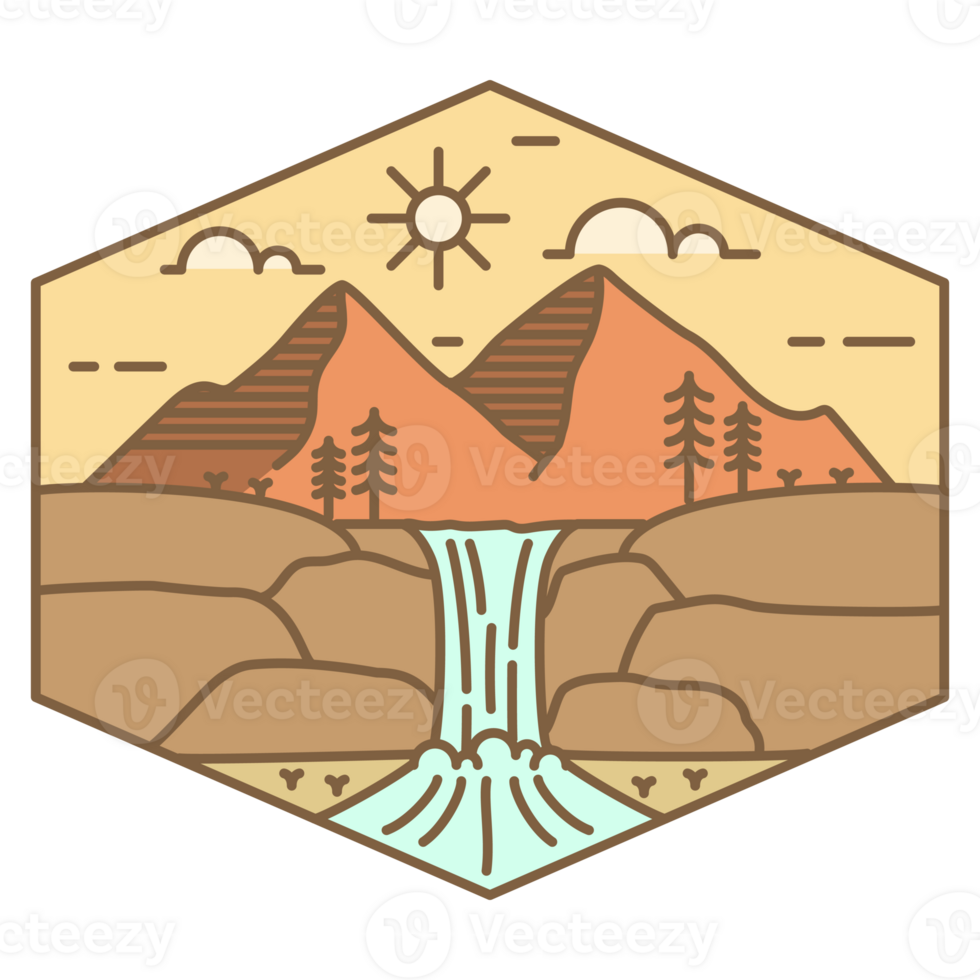 illustration of mountain and waterfall monoline or line art style png