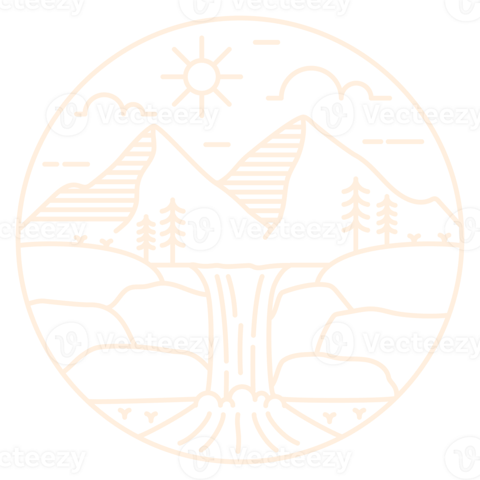 illustration of mountain and waterfall monoline or line art style png