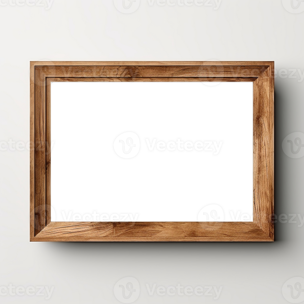 AI generated Empty transparent natural wooden photo frame on white wall background. Realistic border wooden rectangular picture frame for design, Image display concept png
