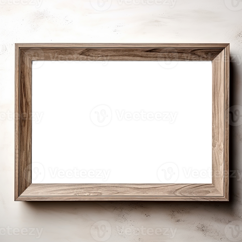 AI generated Empty transparent natural wooden photo frame on white wall background. Realistic border wooden rectangular picture frame for design, Image display concept png