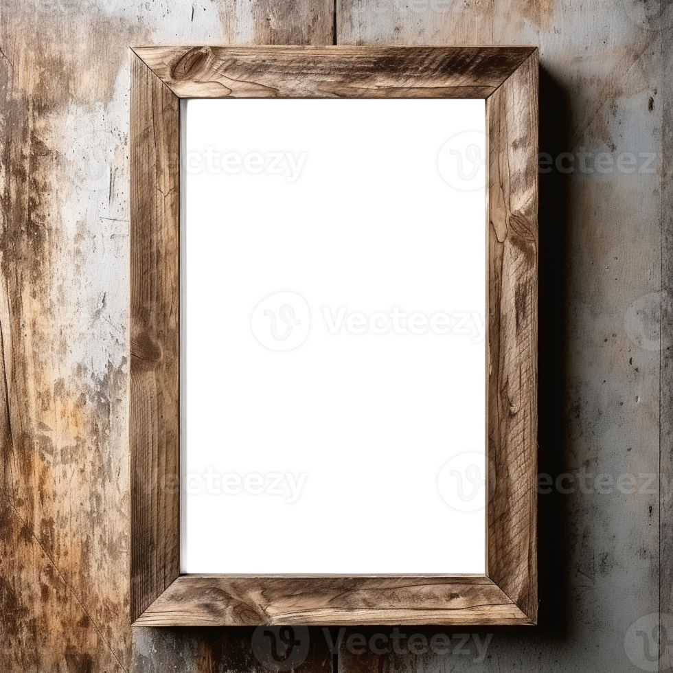 AI generated Empty transparent natural wooden photo frame on wooden wall background. Realistic border wooden rectangular picture frame for design, Image display concept png