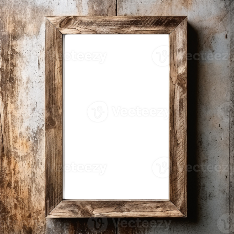 ai generiert leeren transparent natürlich hölzern Foto Rahmen auf hölzern Mauer Hintergrund. realistisch Rand hölzern rechteckig Bild Rahmen zum Design, Bild Anzeige Konzept png