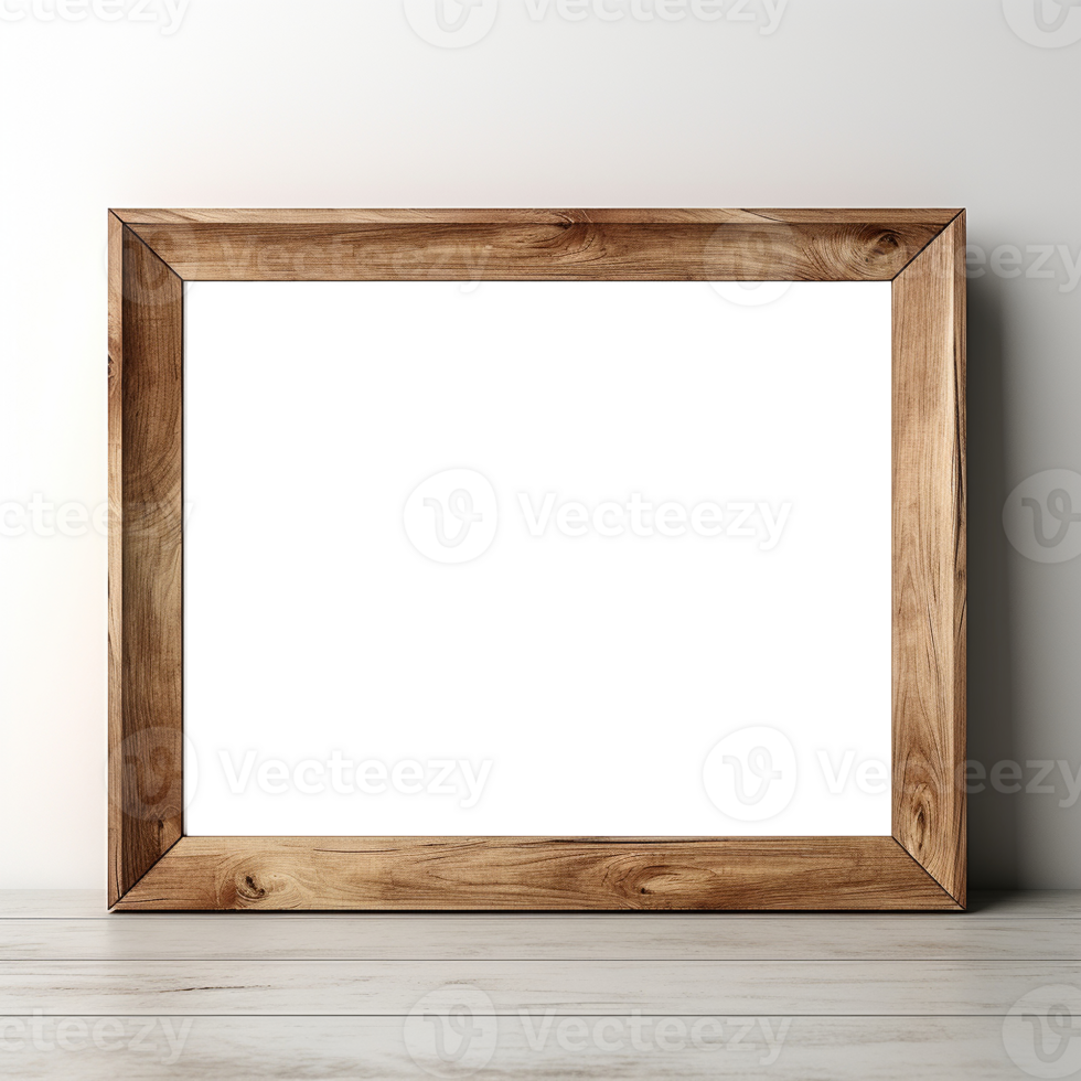 AI generated Empty transparent natural wooden photo frame on white wall background. Realistic border wooden rectangular picture frame for design, Image display concept png