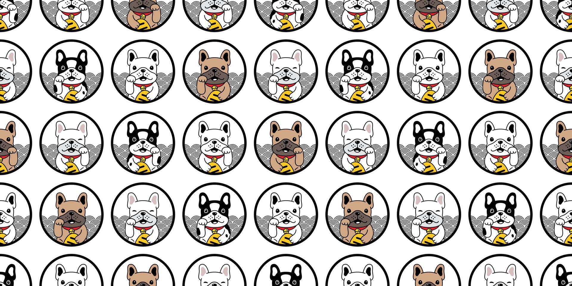 perro vector francés buldog suerte gato Japón maneki neko icono perrito mascota ola dibujos animados personaje símbolo ilustración garabatear diseño