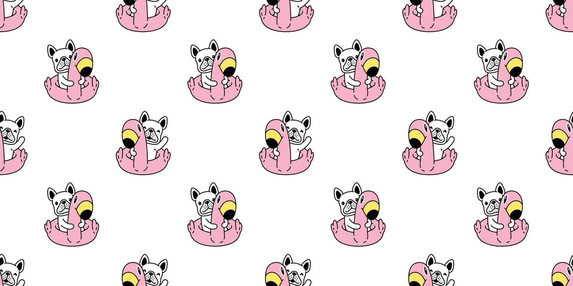 dog seamless pattern french bulldog swimming ring flamingo pool ocean beach puppy pet breed vector repeat wallpaper scarf isolated tile background cartoon animal doodle illustration white design