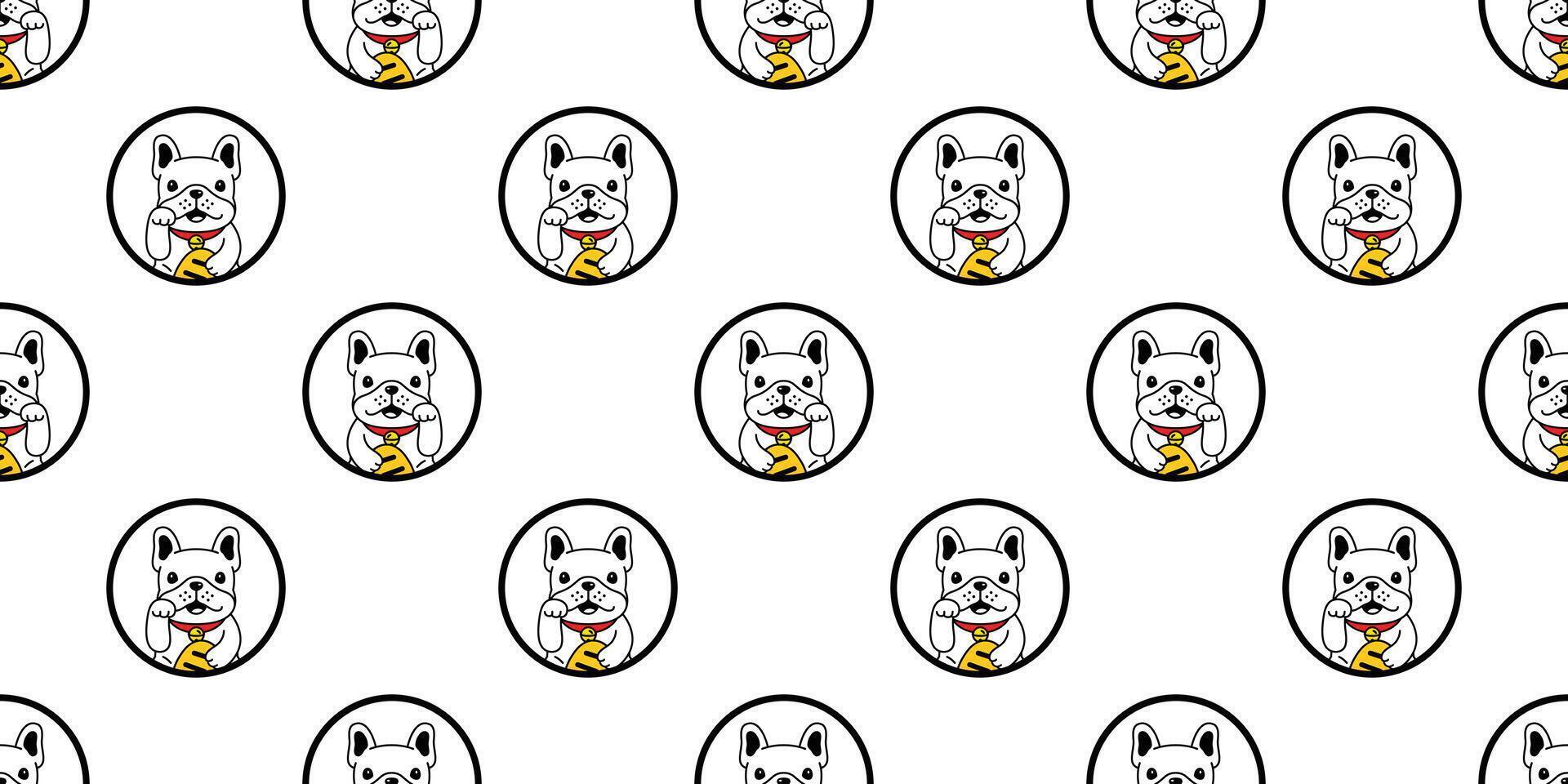 perro sin costura modelo francés buldog suerte gato Japón maneki neko polca punto vector mascota dibujos animados perrito bufanda aislado repetir fondo de pantalla loseta antecedentes ilustración garabatear diseño