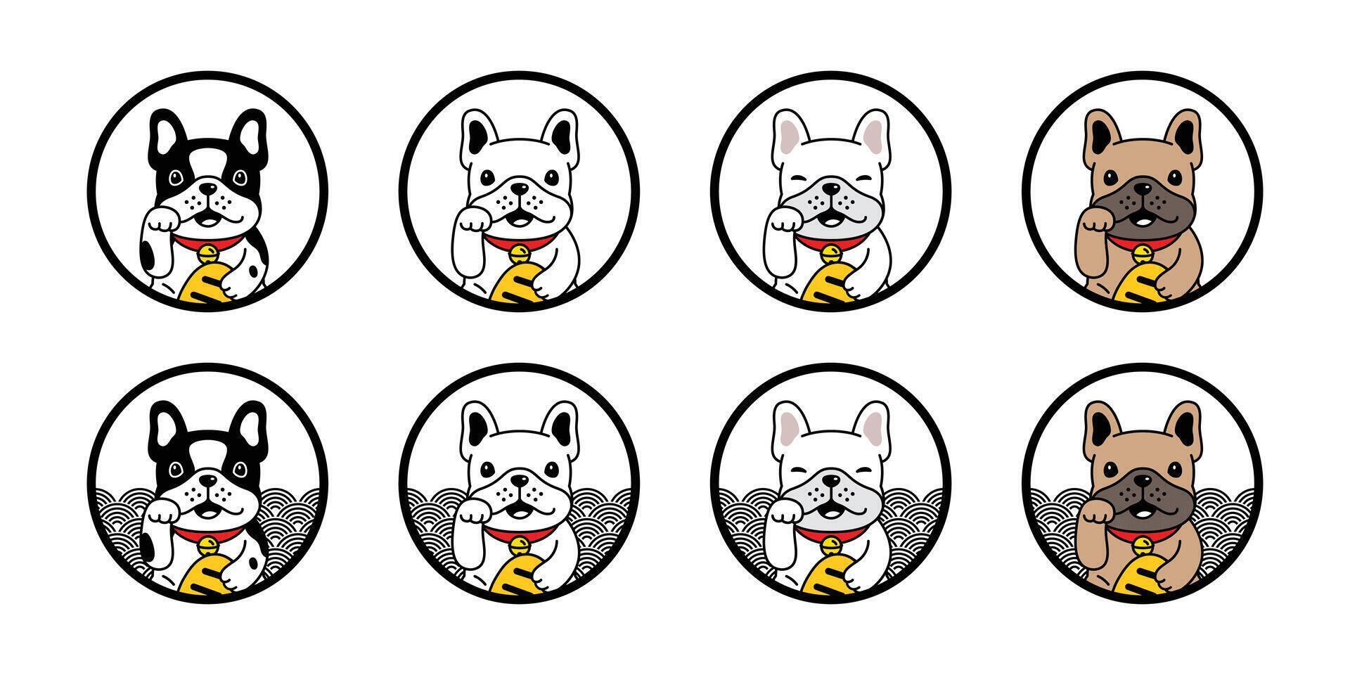 perro vector francés buldog suerte gato Japón maneki neko icono perrito mascota ola dibujos animados personaje símbolo ilustración garabatear diseño