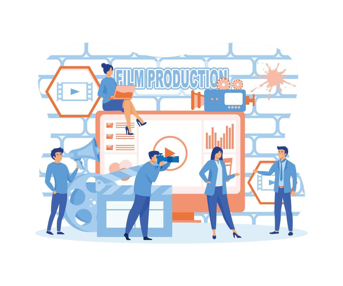 Film Production concept, people in the studio making a film, filmmaking online course can use for, landing page. flat vector modern illustration