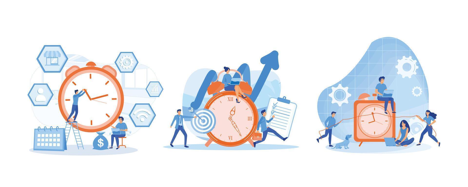 Businessman Talking Time Management Business Strategy. Time Management Discipline. Projects and deadlines. Set flat vector modern illustration