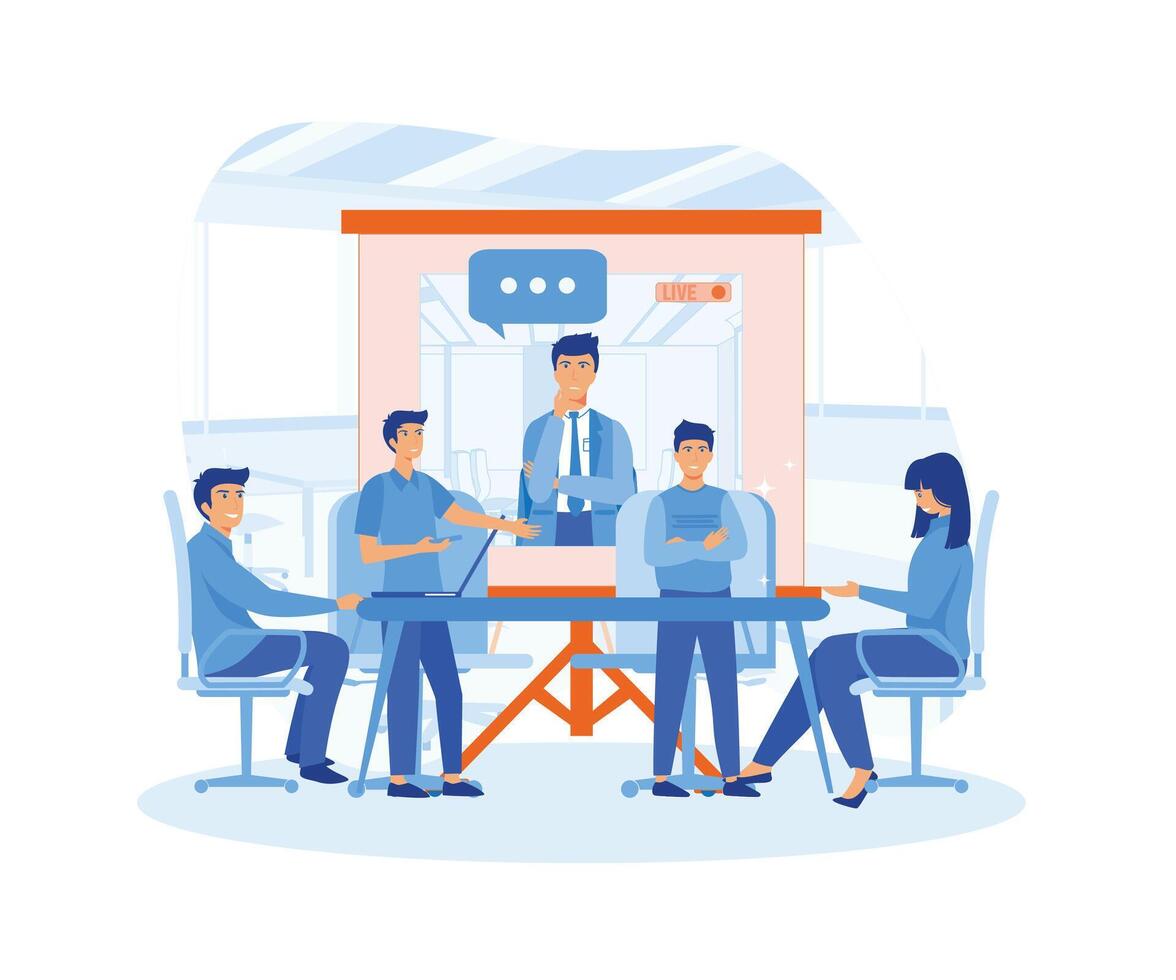 Business team at the video conference call in boardroom. Online meeting with CEO, manager or director. Consulting and training concept. flat vector modern illustration