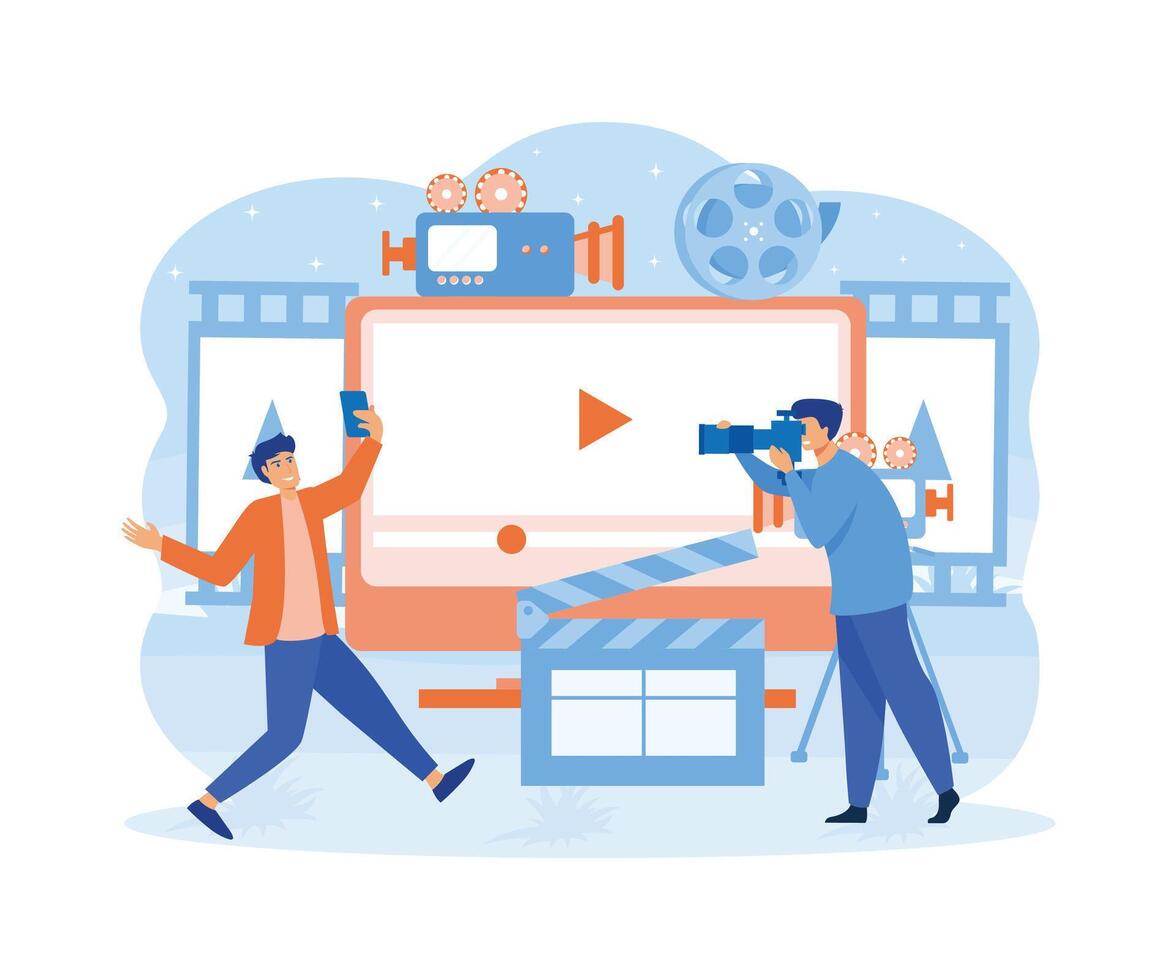 Film Production concept. Videography, shooting film in studio. flat vector modern illustration