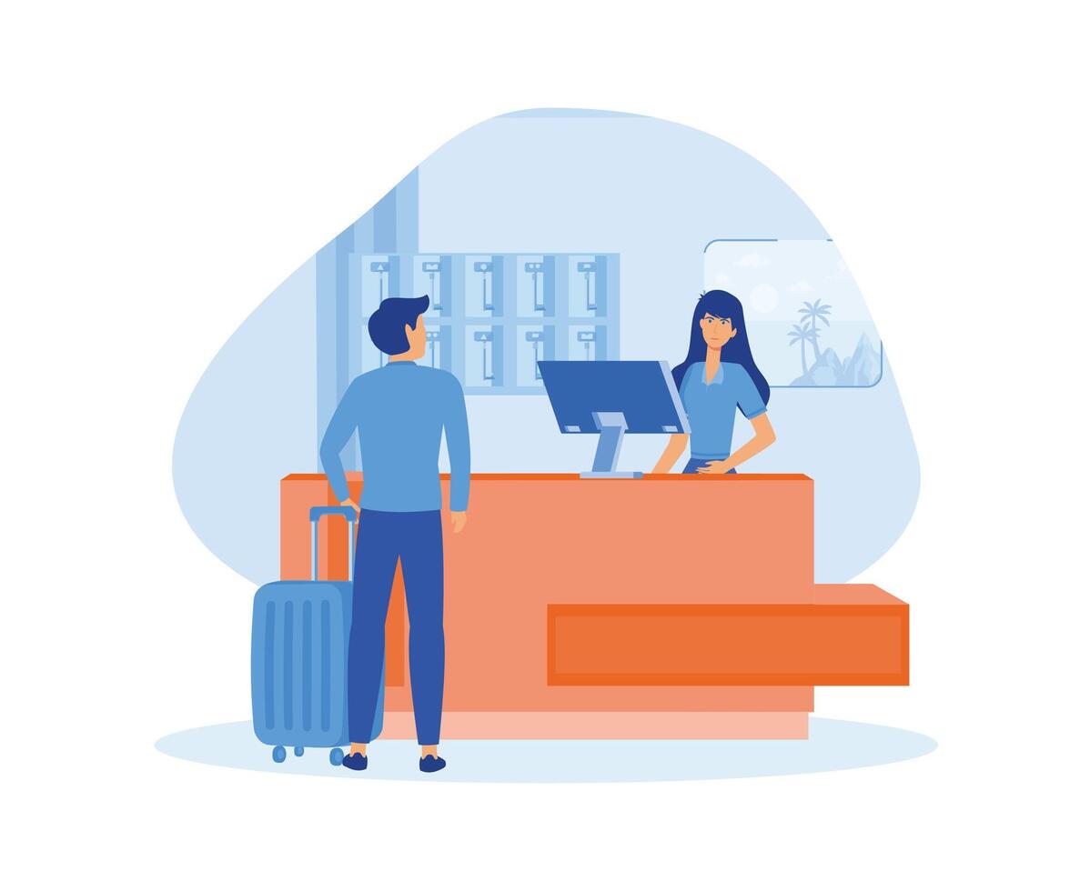 Male customer standing at reception desk and talking to female receptionist. Scene of visit to service center. flat vector modern illustration