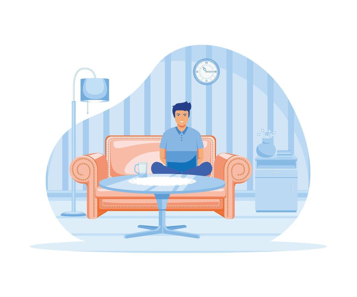 A freelancer man works behind a laptop. Home office workplace. flat vector modern illustration