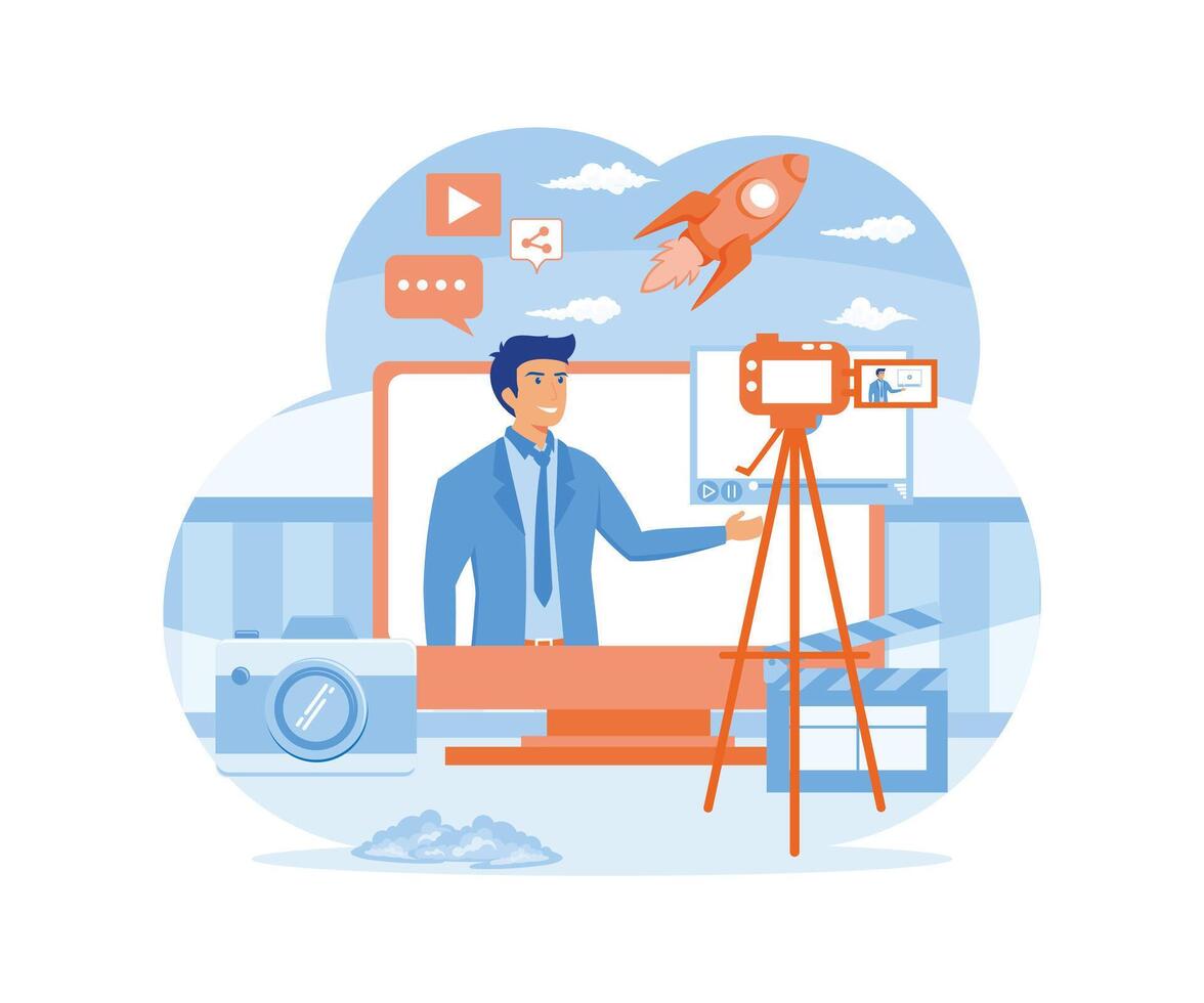 Video content creator for social media. With its tools, camera, microphone, and additional icons. flat vector modern illustration