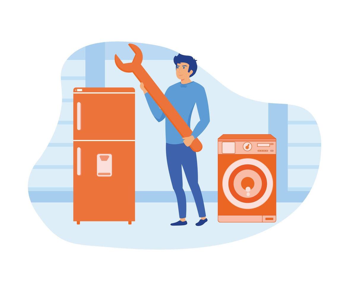 Home appliance repair technician service with washing machine, refrigerator elements. flat vector modern illustration