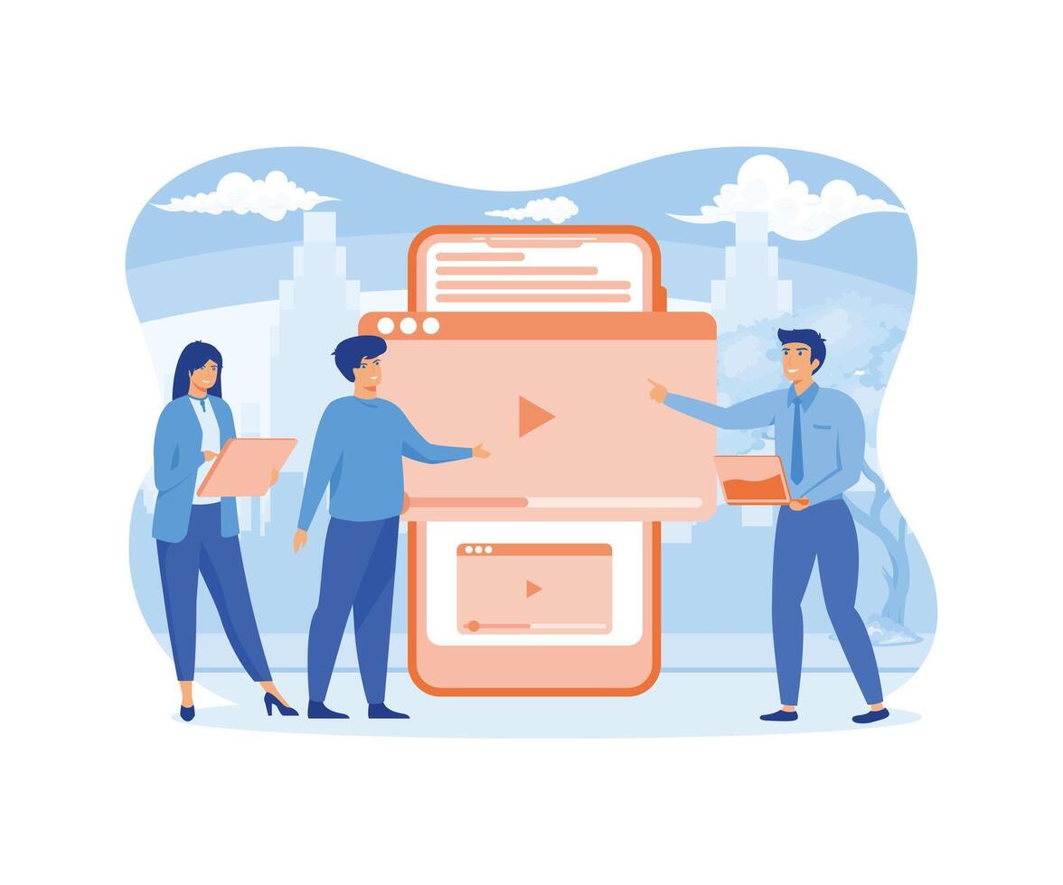 Video marketing online Casual businesspeople working with viral content, smartphone in background with movie player. flat vector modern illustration
