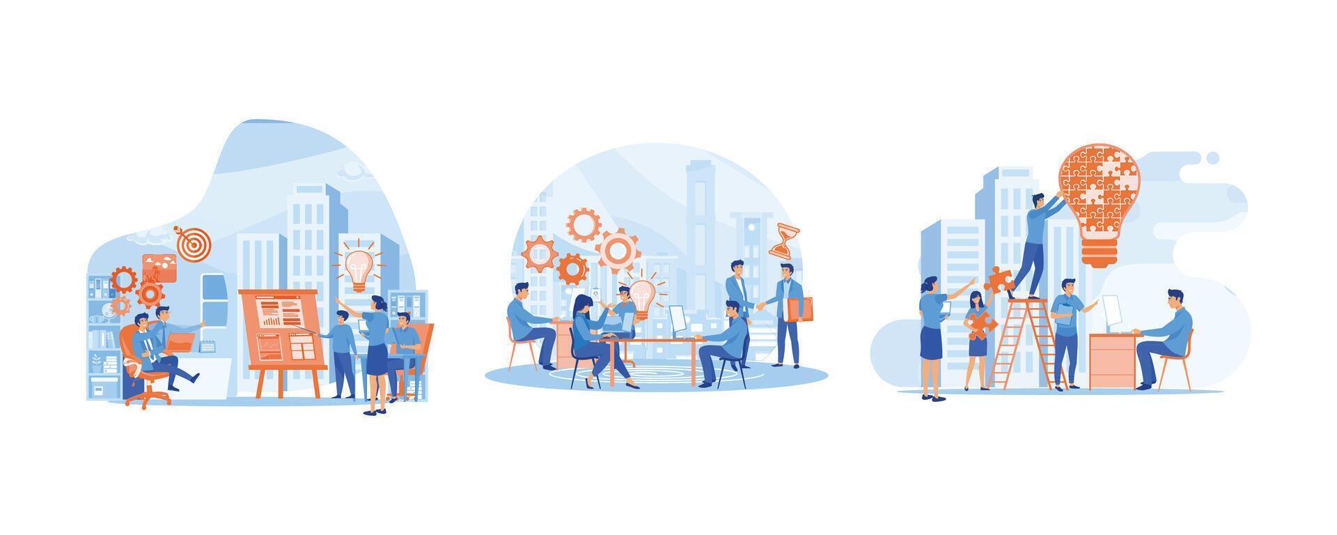 Career advancement. Online assistant at work. Working together in the company, brainstorming. Set flat vector modern illustration