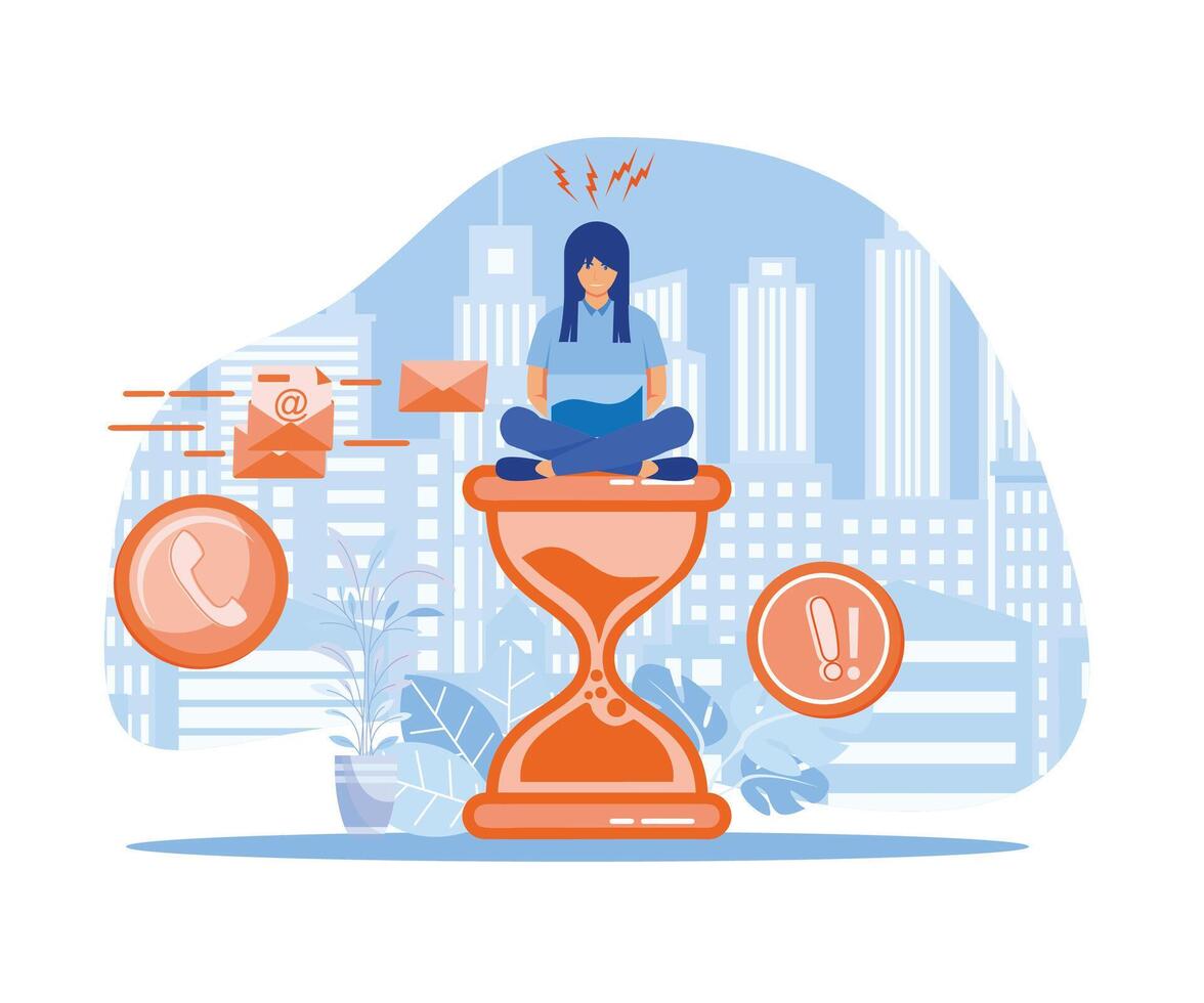 Stress in Office concept. Tired and exasperated business woman is sitting on an hourglass and grabbed his head with business process icons and infographics. flat vector modern illustration