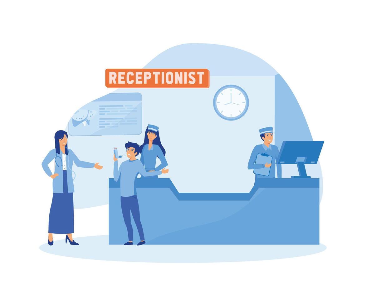 Reception in hospital with patients. Waiting room with disabled man. flat vector modern illustration