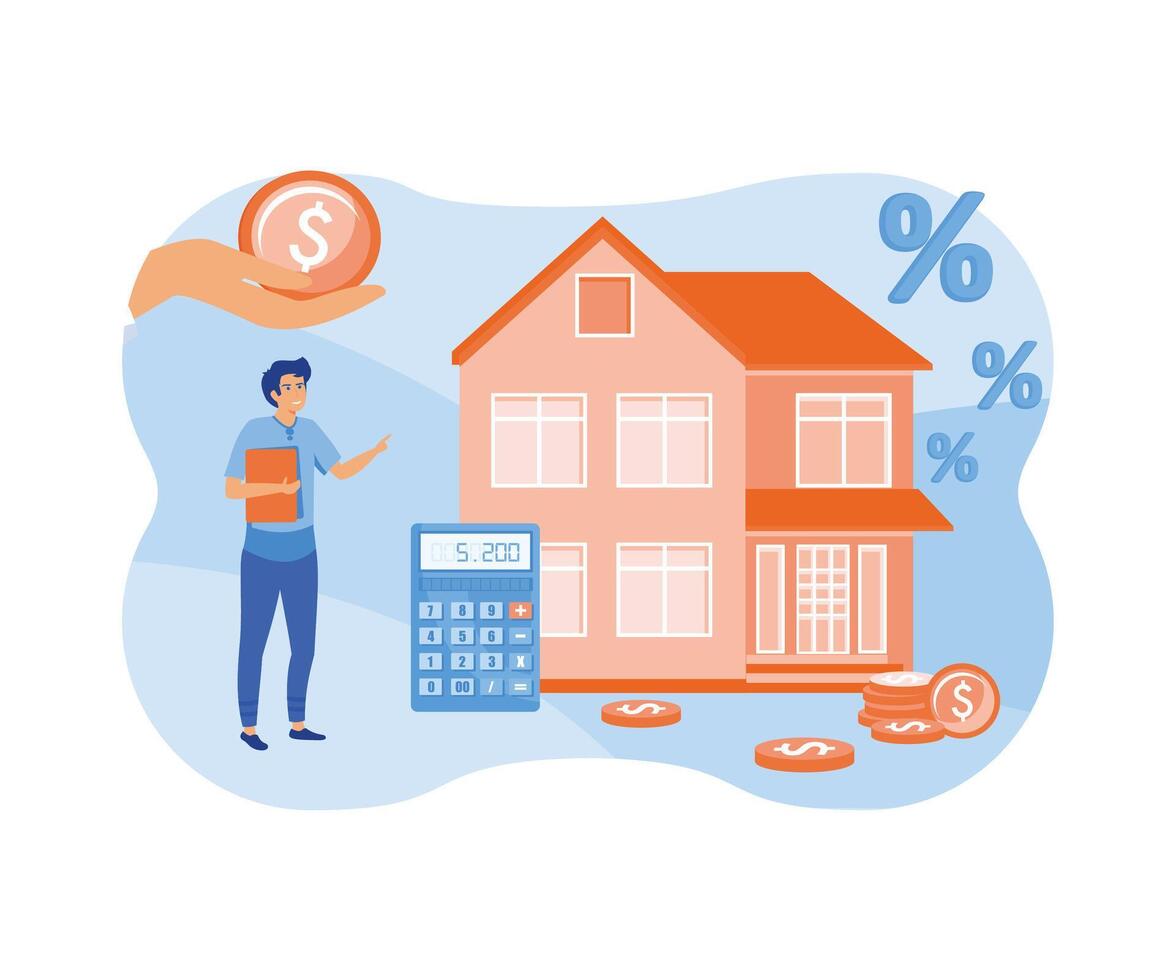 casa hipoteca concepto. hombre paga préstamo para real bienes. invertir y financiero literatura. personaje evalúa gastos y ingreso, familia presupuesto, interesar acumulación. plano vector moderno ilustración