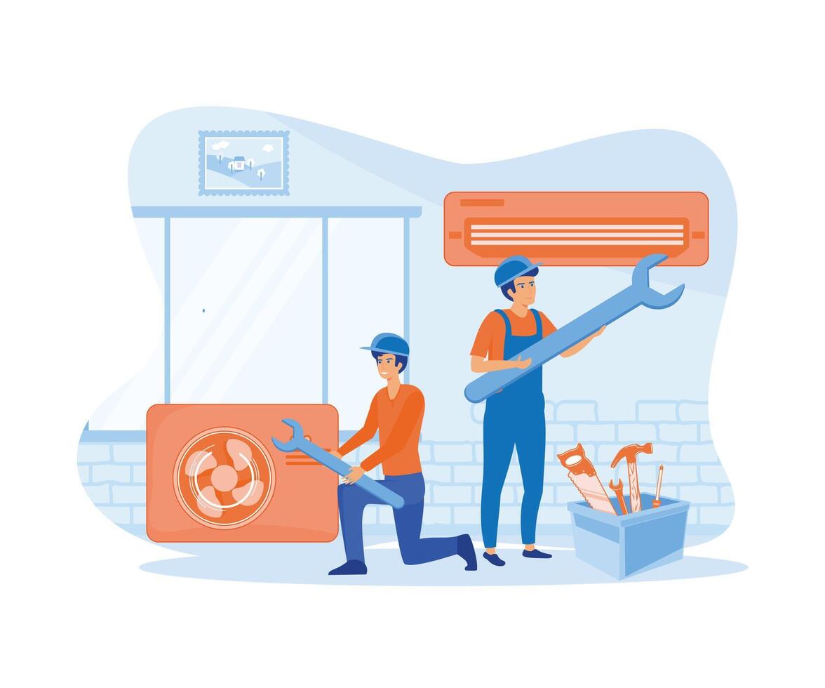 Air Conditioner Repair or Installation with Unit Breakdown, Maintenance Service. flat vector modern illustration