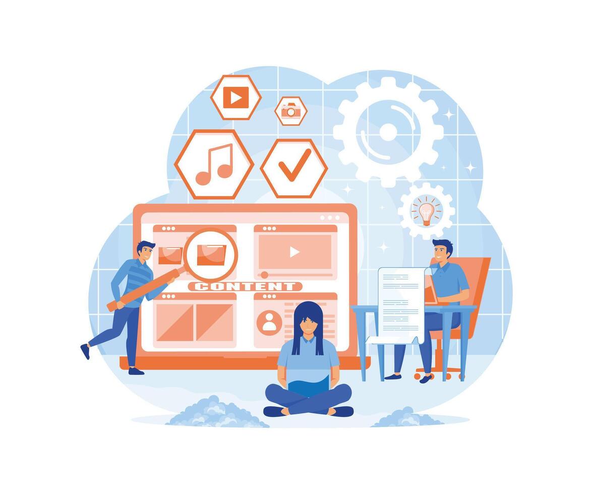 Creating Content, Copywriting, Marketing Concept. Home Based Copywriter, Writer, Freelancer, Smm Manager, Digital Marketer Create Advertising Post. flat vector modern illustration