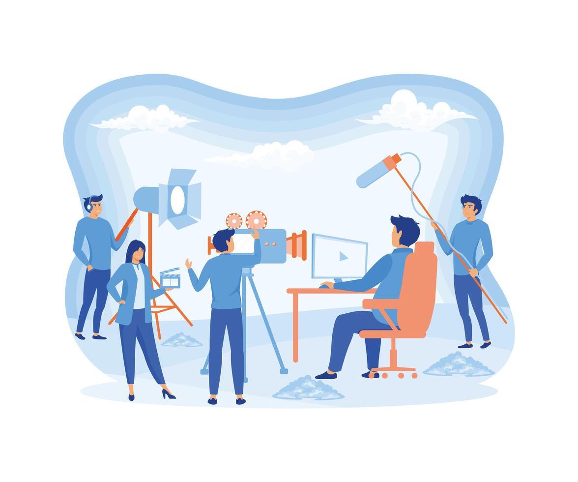 Director watching on screen. Cameraman with equipment. Sound technicians. flat vector modern illustration