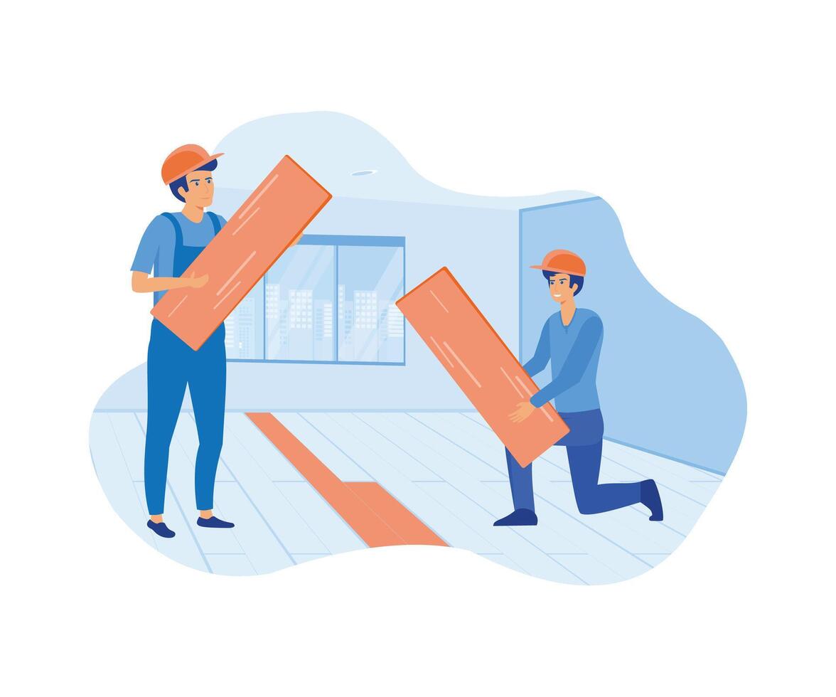 Home renovation with carpentry contractor workers doing indoor maintenance. flat vector modern illustration