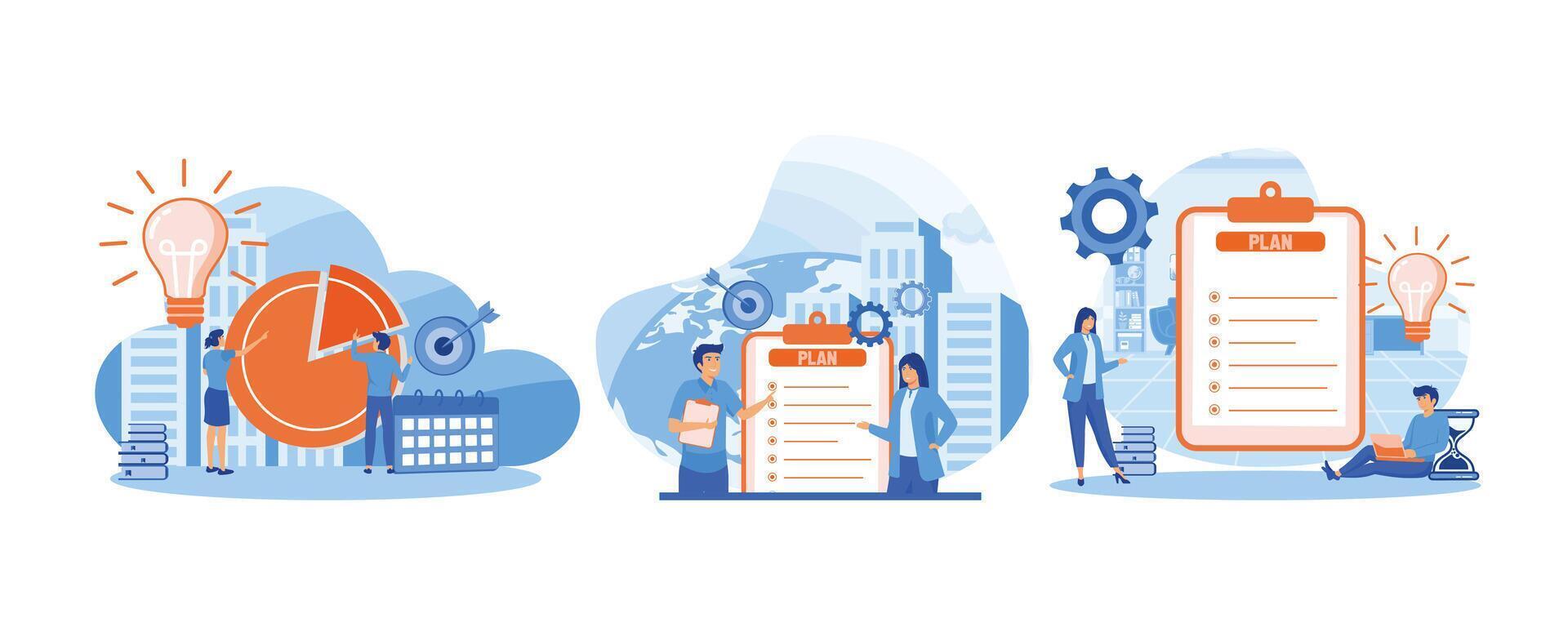 Business Planning. Business time management, People planning new business.  Teamwork, meeting. Set flat vector modern illustration