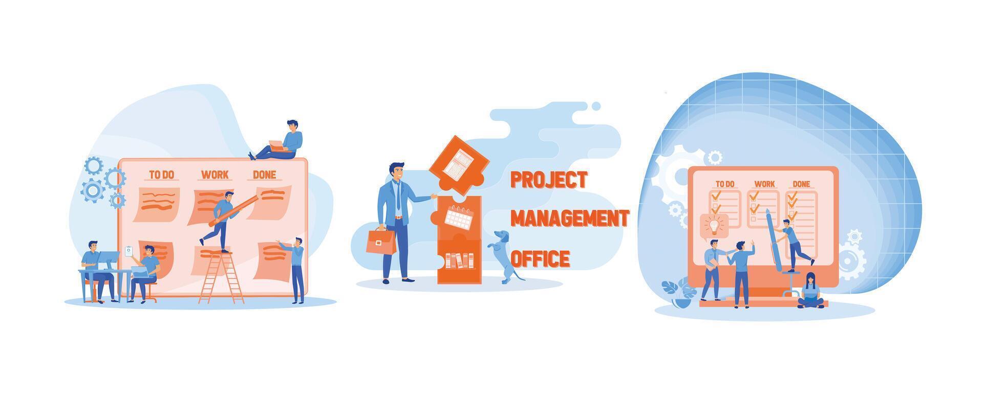 Office work and time management. Project Management Office acronym.  Agile visual project management method. Set flat vector modern illustration