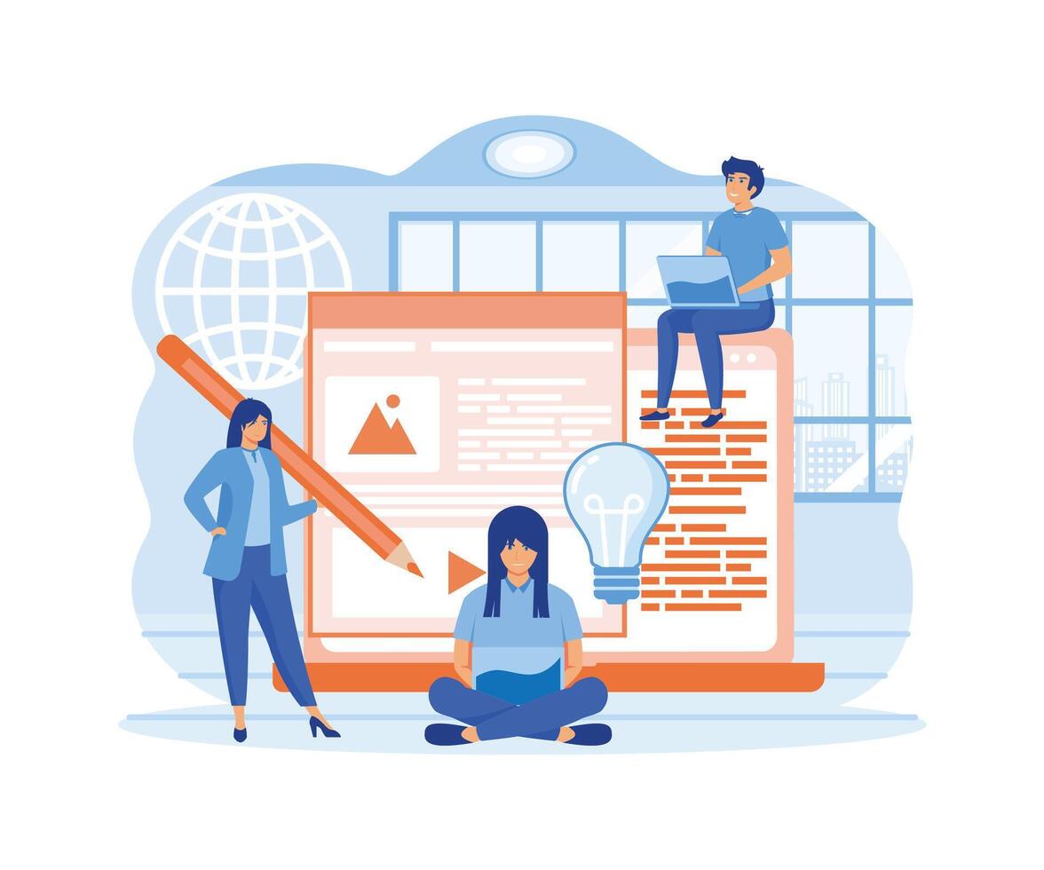 Blog authors writing articles. Freelance writers with laptops creating internet content. For online education, people of creative job. flat vector modern illustration