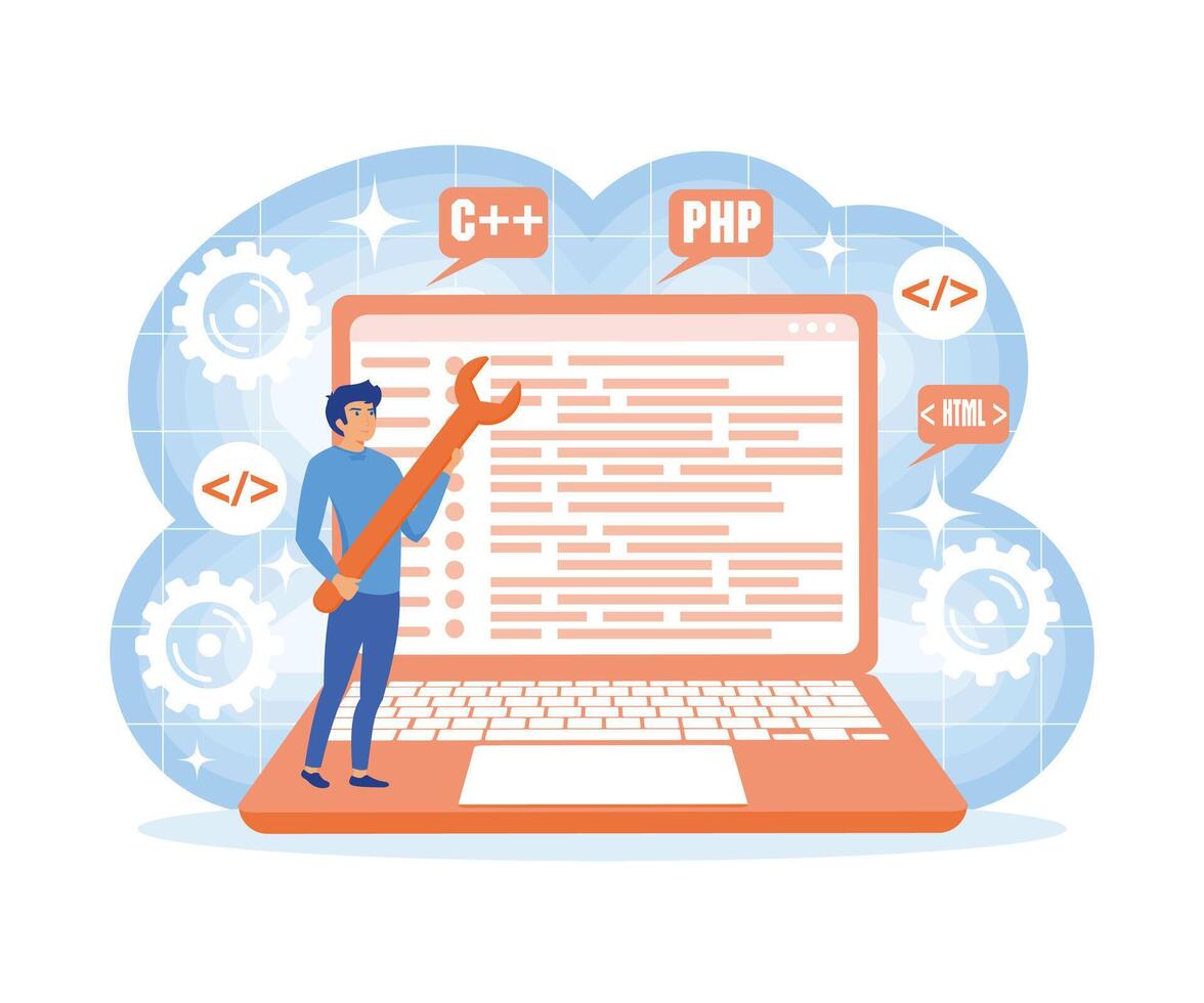 Web development. programming languages. programmer cartoon character developing website, coding. flat vector modern illustration
