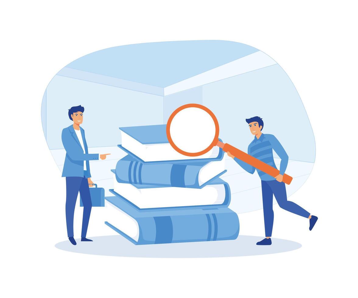 Business people on backdrop of huge files of documents and accounting books, Business process, documents workflow and accounting. flat vector modern illustration