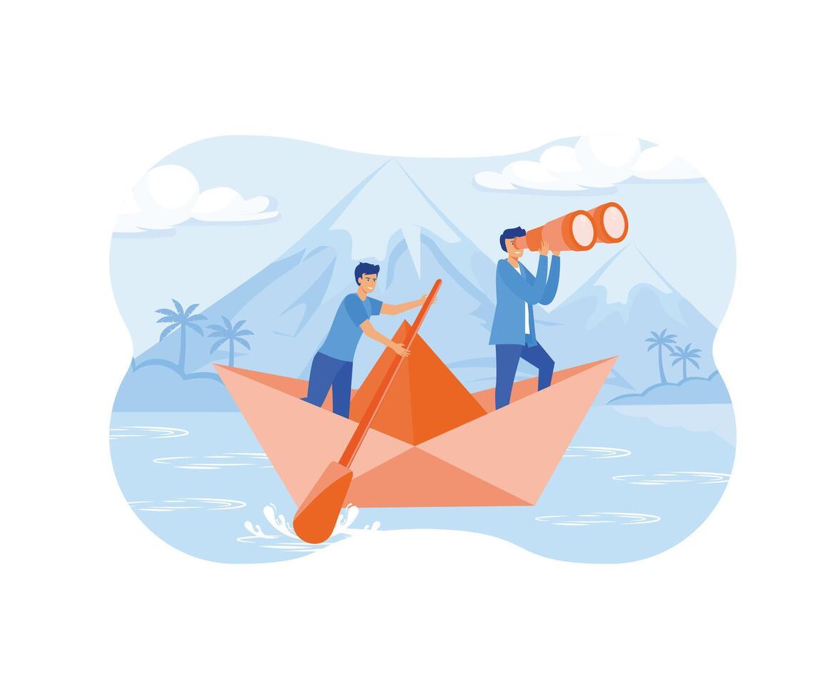 Leadership Concept. Businessman Leader looking through a telescope by two business people stands with a paddle floating on a paper boat on the sea.  flat vector modern illustration